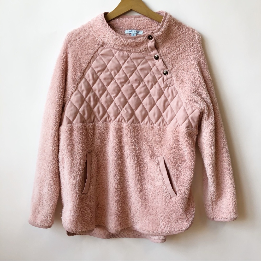 Pink Quilted Soft Fleece Pullover Sweater Sherpa Sweatshirt Womens Small Medium
